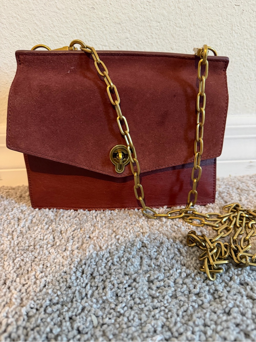Fossil Wine Red Suede & Leather Crossbody with Gold Chain